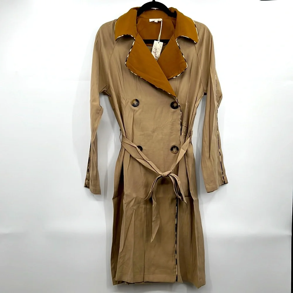 NWT Mystree Trench Coat Khaki Mustard Belted Pockets Flowing Detailed Piping - Picture 5 of 13